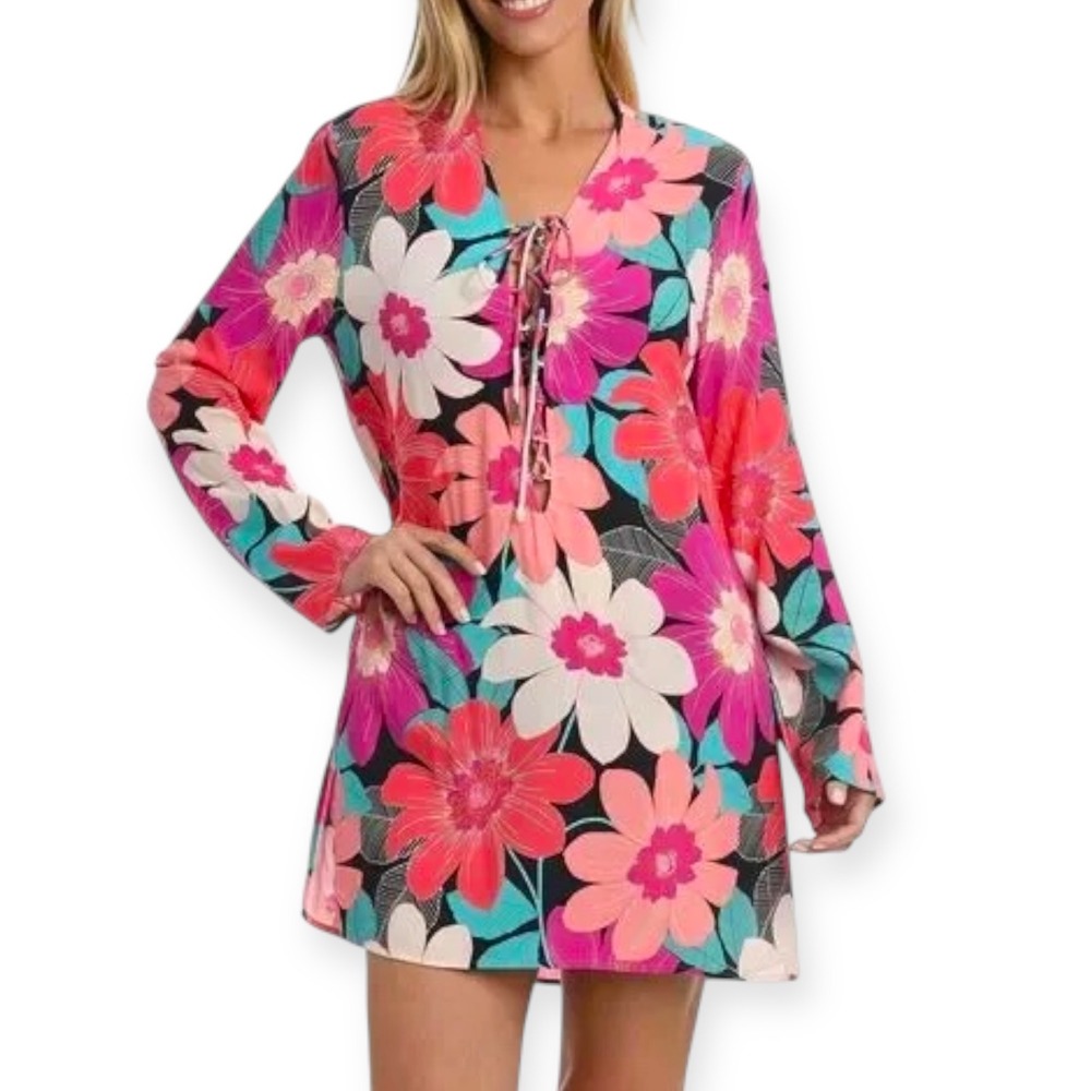 La Blanca NWT Floral Print Long Sleeve Tunic Swim Cover-Up Lace Up- Size S